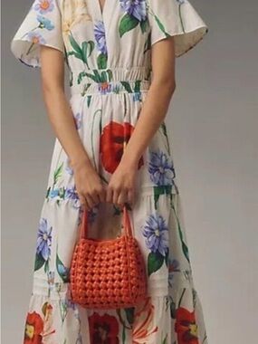 Anthropologie White Floral Maxi Dress with Red and Blue Blooms